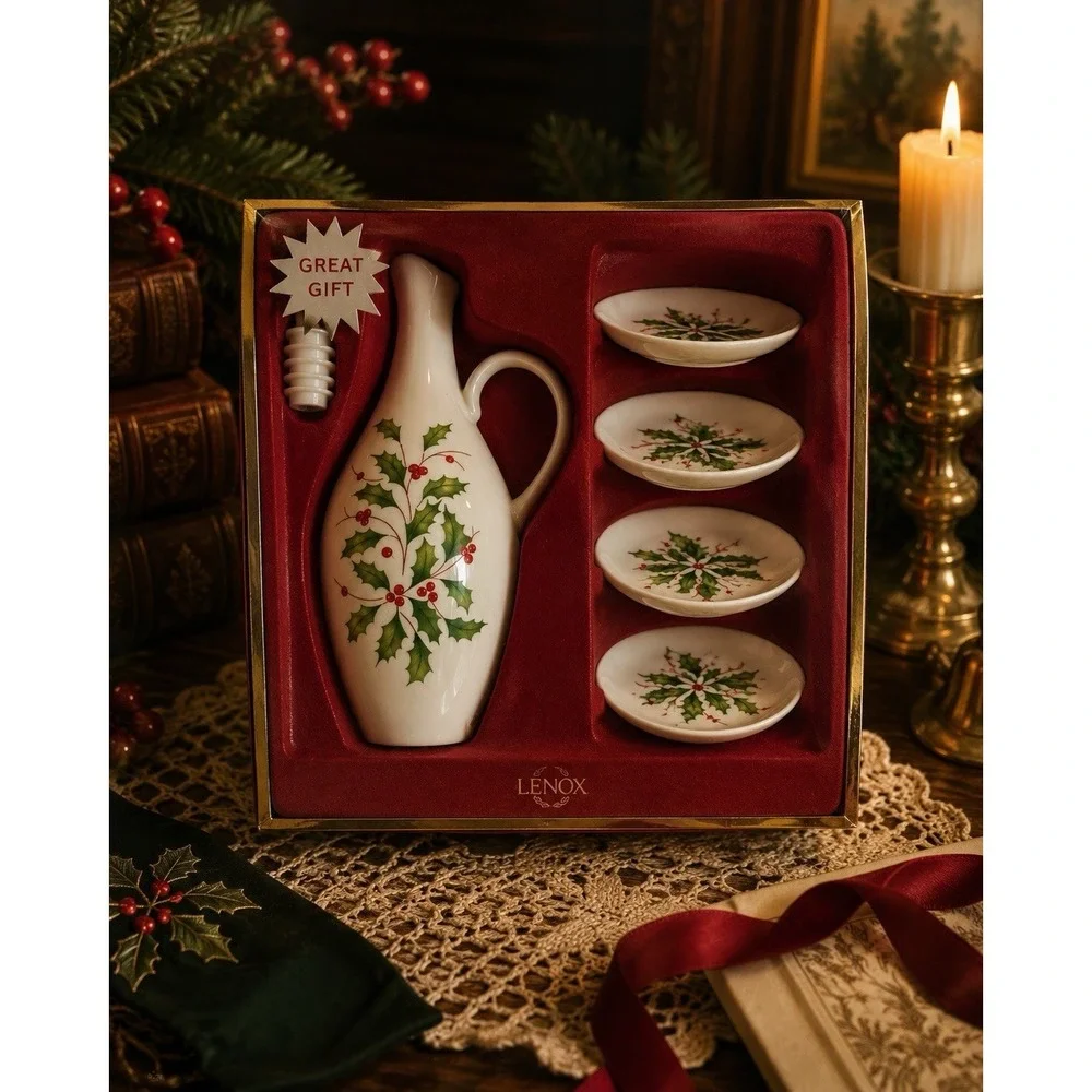 Lenox Holiday Oil Bottle Gift Set NIB Holly Cruet 4 Dipping Dishes Christmas